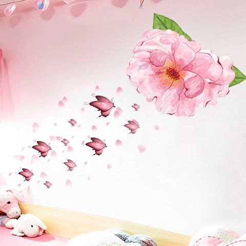 Romantische Rosa Aquarell Blume Schmetterling Wandtattoo PVC Selbstklebend Abnehmbar Wandbild Für Kinderzimmer Mädchen Home Dekor
