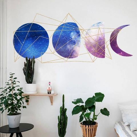 Dreamy Starry Galaxy Moon Phase Wall Sticker PVC Self Adhesive Geometric Art Decal For Bedroom Living Room Wall Decoration