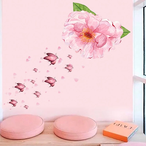 Romantische Rosa Aquarell Blume Schmetterling Wandtattoo PVC Selbstklebend Abnehmbar Wandbild Für Kinderzimmer Mädchen Home Dekor