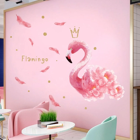 Adesivi Murali Fenicottero Acquerello per Decorazione Cameretta Ragazze Motivo Floreale Rosa Corona Decalcomanie in PVC