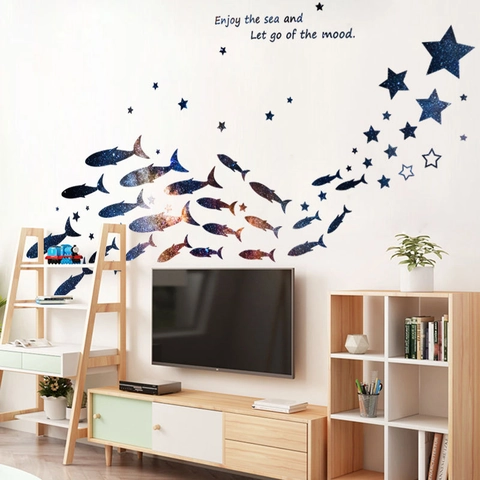 Galaxy Starry Sky Fish Silhouettes Wall Stickers Removable PVC Art Decals For Living Room Bedroom Kids Room Home Decor