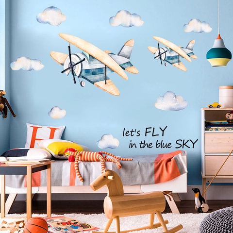 Pegatinas De Pared De Avión En Acuarela Para Habitación Niños Calcomanía De Avión Nube PVC Decoración De Dormitorio