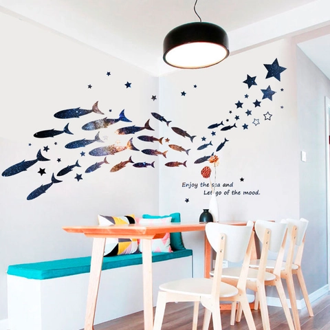 Galaxy Starry Sky Fish Silhouettes Wall Stickers Removable PVC Art Decals For Living Room Bedroom Kids Room Home Decor