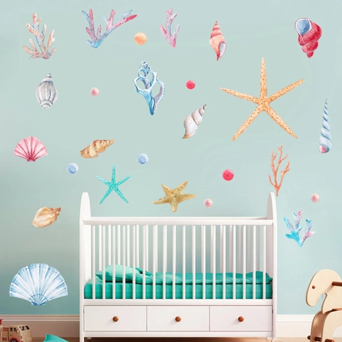 Aquarel Oceaan Muurstickers Zeeschelpen Zeester Koraal Parels PVC Decoratieve Stickers Voor Kinderkamer Slaapkamer Huis
