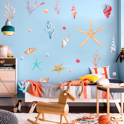 Aquarel Oceaan Muurstickers Zeeschelpen Zeester Koraal Parels PVC Decoratieve Stickers Voor Kinderkamer Slaapkamer Huis