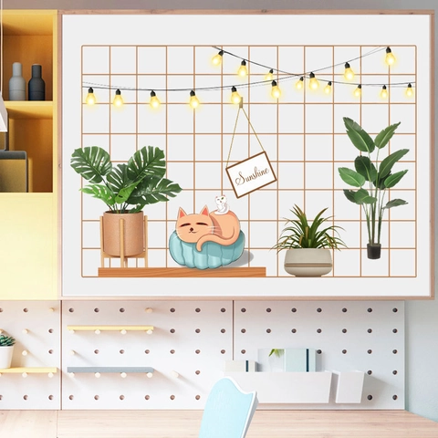 Pegatina de Pared de PVC Estilo Ins Marco de Rejilla Artística Gato Guirnalda de Luces Calcomanía para Aula Dormitorio Hogar