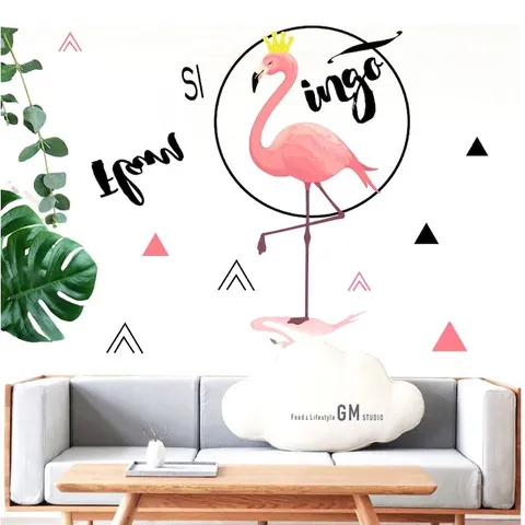 Geometric Hand-drawn Flamingo Crown Pink Wall Sticker Removable PVC Nordic Style Wall Decal For Bedroom Living Room Home Decor
