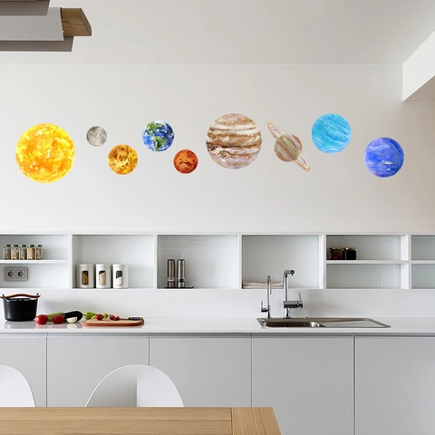 Solar System Nine Planets Wall Stickers Watercolor Hand Painted PVC Removable Decor For Kids Room Bedroom Living Room
