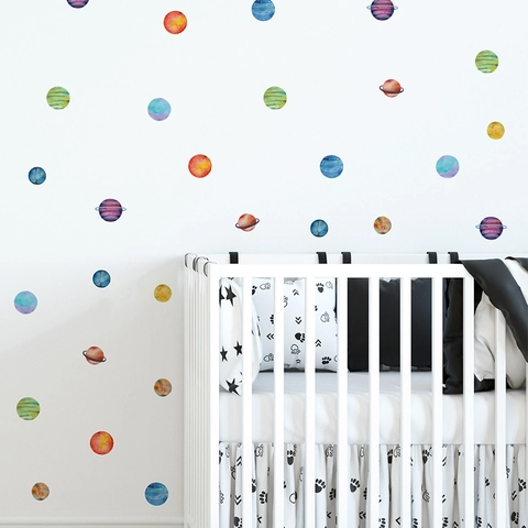 Watercolor Planet Wall Stickers For Kids Room Nursery PVC Aesthetic Decorative Hand Painted Solar System Galaxy Mural Decals