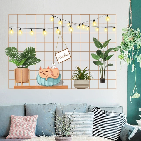 Pegatina de Pared de PVC Estilo Ins Marco de Rejilla Artística Gato Guirnalda de Luces Calcomanía para Aula Dormitorio Hogar