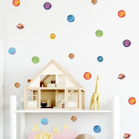 Watercolor Planet Wall Stickers For Kids Room Nursery PVC Aesthetic Decorative Hand Painted Solar System Galaxy Mural Decals
