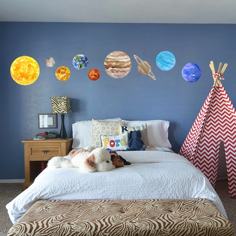 Solar System Nine Planets Wall Stickers Watercolor Hand Painted PVC Removable Decor For Kids Room Bedroom Living Room