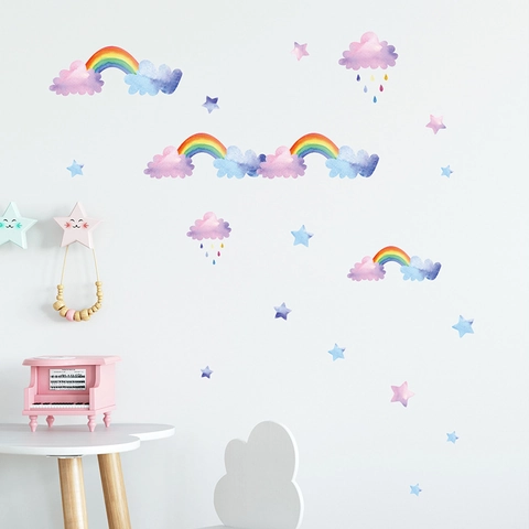 Adesivi Murali Nuvola Arcobaleno Acquerello Per Camera Bambini Asilo Nido PVC Cartone Animato Stella Pioggia Per Camera