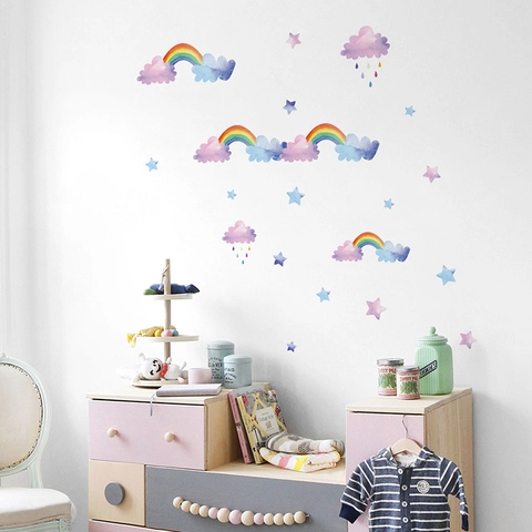 Adesivi Murali Nuvola Arcobaleno Acquerello Per Camera Bambini Asilo Nido PVC Cartone Animato Stella Pioggia Per Camera