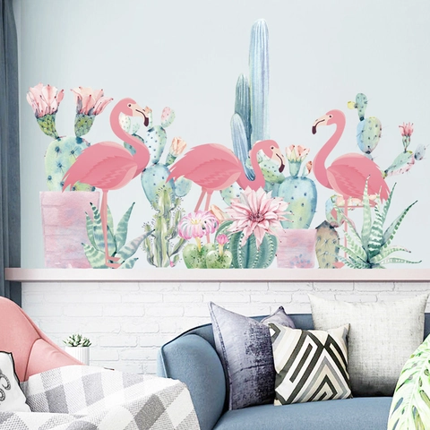 Tropical Flamingo And Cactus Wall Stickers Watercolor PVC Removable Self Adhesive DIY Home Decor Mural For Living Room Art