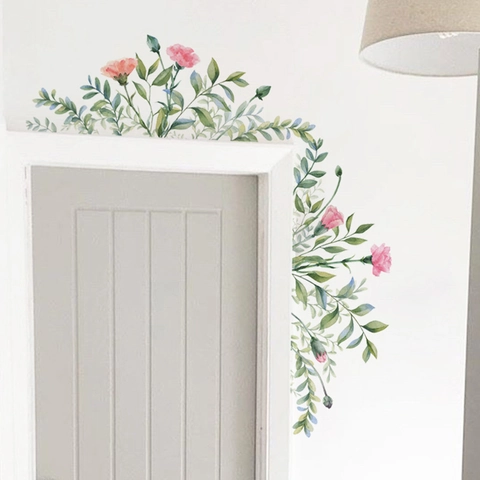 Watercolor Pink Floral Green Leaves Wall Sticker Removable PVC Self-Adhesive Plant Flower Door Decal Home Decor Art Mural