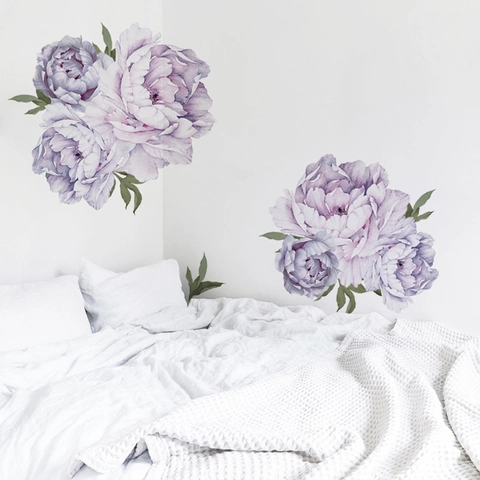 Watercolor Purple Peony Flower Wall Stickers PVC Removable Self Adhesive Floral Wallpaper Decals For Living Room Decor