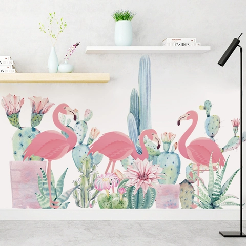Tropical Flamingo And Cactus Wall Stickers Watercolor PVC Removable Self Adhesive DIY Home Decor Mural For Living Room Art