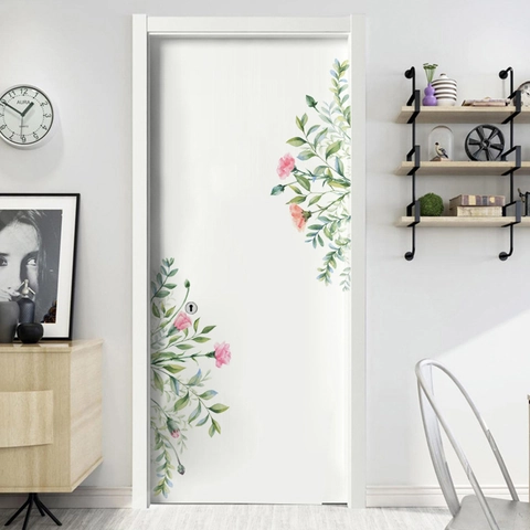 Watercolor Pink Floral Green Leaves Wall Sticker Removable PVC Self-Adhesive Plant Flower Door Decal Home Decor Art Mural