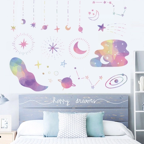 Adesivi Murali Acquerello Luna Stelle Nuvole PVC Rimovibile Cartone Animato Galassia Pianeti Decalcomanie Per Cameretta