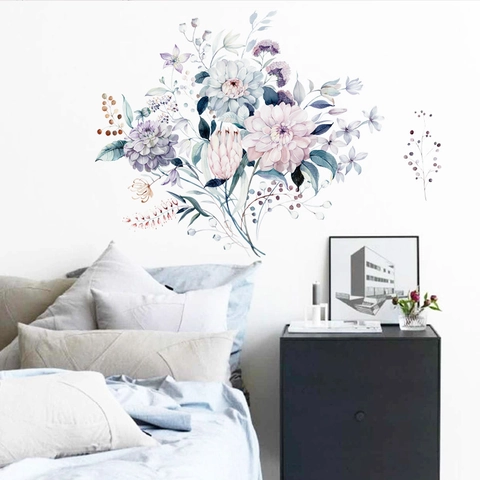 Watercolor Floral Wall Stickers Removable PVC Art Decals Purple Pink Flower For Living Room Bedroom Home Decoration
