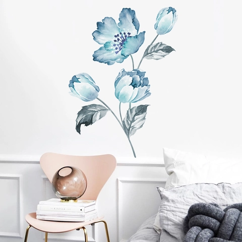 Aquarell Blau Orchidee Blume Wandaufkleber Abnehmbar PVC Floral Dekore Für Zuhause Wohnzimmer Schlafzimmer Dekor Modern Kunst