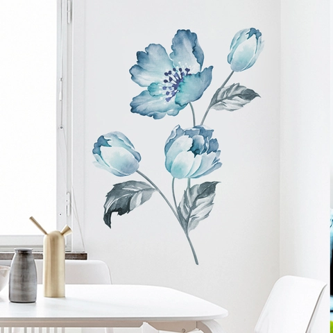 Aquarell Blau Orchidee Blume Wandaufkleber Abnehmbar PVC Floral Dekore Für Zuhause Wohnzimmer Schlafzimmer Dekor Modern Kunst