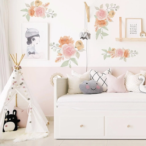 Adesivo da Parete Fiori Acquerello Rose Dipinte a Mano PVC Removibile per Camera da Letto Soggiorno Cameretta Casa Decor
