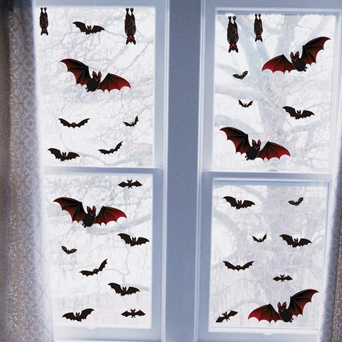 Halloween Bat Window Clings Removable PVC Wall Stickers Spooky Red Wing Black Bat For Holiday Glass Window Home Decoration