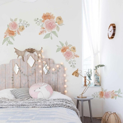 Adesivo da Parete Fiori Acquerello Rose Dipinte a Mano PVC Removibile per Camera da Letto Soggiorno Cameretta Casa Decor