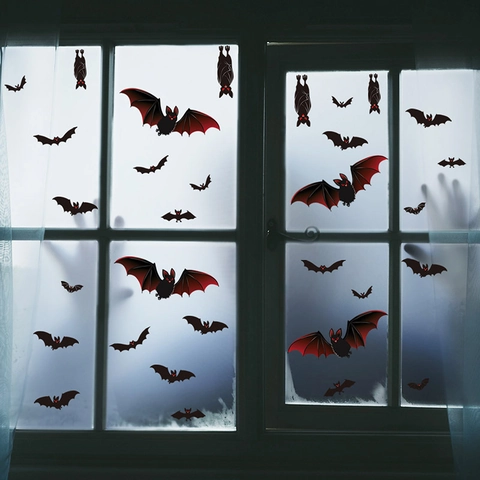 Halloween Bat Window Clings Removable PVC Wall Stickers Spooky Red Wing Black Bat For Holiday Glass Window Home Decoration