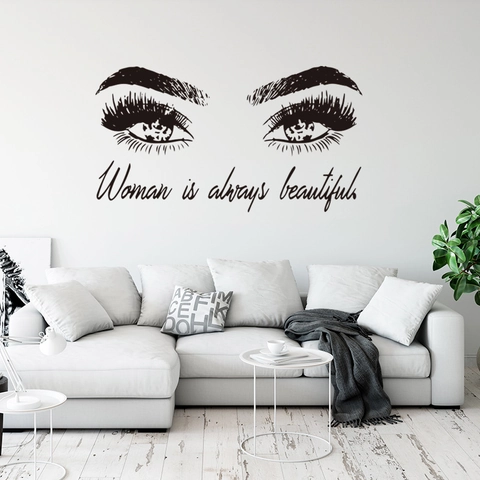PVC Wimpers Muursticker Woman Is Always Beautiful Quote Ogen Sticker Voor Slaapkamer Woonkamer Home Decor Kunst