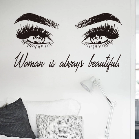 PVC Wimpers Muursticker Woman Is Always Beautiful Quote Ogen Sticker Voor Slaapkamer Woonkamer Home Decor Kunst