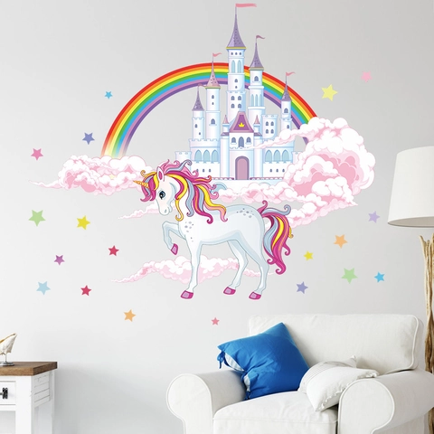 Aquarel Regenboog Eenhoorn Kasteel Muurstickers PVC Verwijderbaar Cartoon Behang Voor Kinderkamer Nursery Home Decor