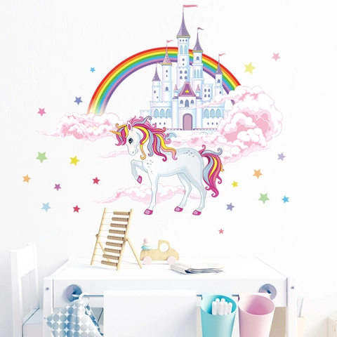 Aquarel Regenboog Eenhoorn Kasteel Muurstickers PVC Verwijderbaar Cartoon Behang Voor Kinderkamer Nursery Home Decor