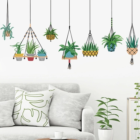 Nordico Piante in Vaso Dipinte a Mano Cesti Appesi Adesivi da Parete Rimovibili PVC Botanico Decalcomanie Decorative Casa