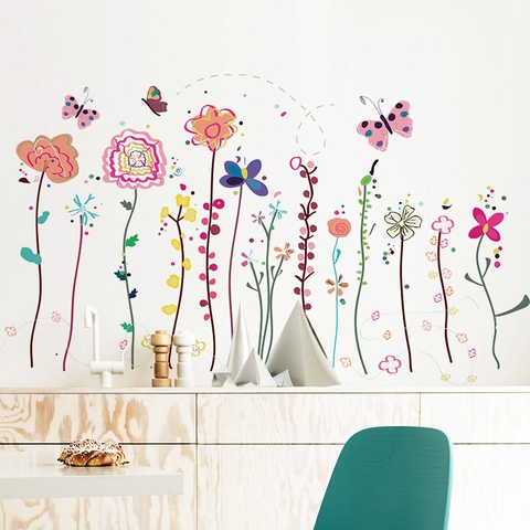 Bunte Handgemalte Blumen Schmetterling Wandaufkleber Wasserdicht PVC Abnehmbare Dekorative Aufkleber Für Kinderzimmer Kindergarten