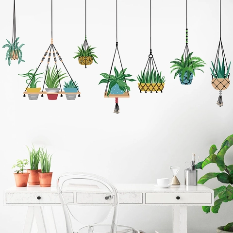 Nordico Piante in Vaso Dipinte a Mano Cesti Appesi Adesivi da Parete Rimovibili PVC Botanico Decalcomanie Decorative Casa