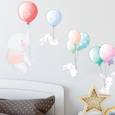 Cartoon Elephant Rabbit Balloon Wall Stickers PVC Waterproof Removable Self Adhesive Decals For Kids Room Nursery Home Decor