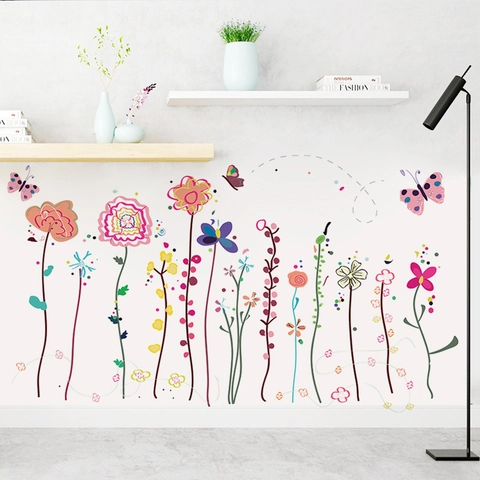Bunte Handgemalte Blumen Schmetterling Wandaufkleber Wasserdicht PVC Abnehmbare Dekorative Aufkleber Für Kinderzimmer Kindergarten