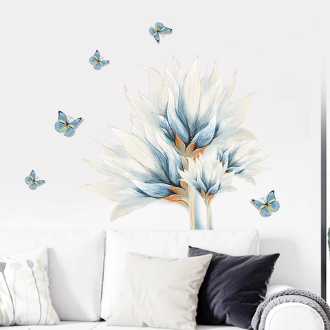 Watercolor Flower And Butterfly Wall Sticker PVC Self Adhesive Removable Wall Decal For Bedroom Living Room Home Decoration
