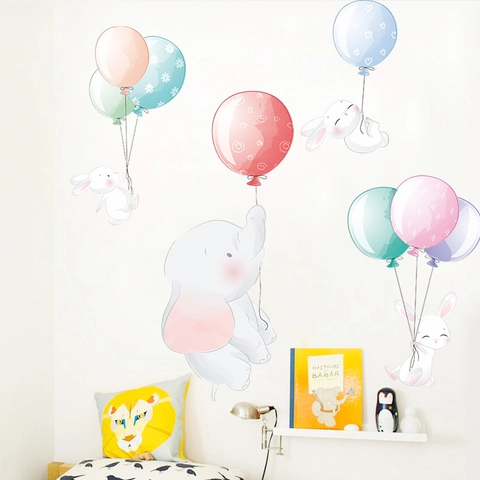 Cartoon Elephant Rabbit Balloon Wall Stickers PVC Waterproof Removable Self Adhesive Decals For Kids Room Nursery Home Decor