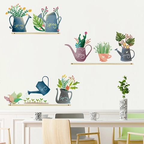 Adesivo Murale Pianta di Cactus in Vaso PVC Rimovibile Annaffiatoio da Giardino Floreale Decalcomania Parete per Soggiorno