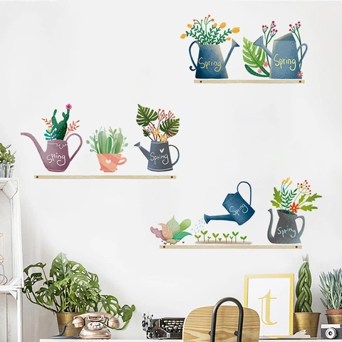 Adesivo Murale Pianta di Cactus in Vaso PVC Rimovibile Annaffiatoio da Giardino Floreale Decalcomania Parete per Soggiorno