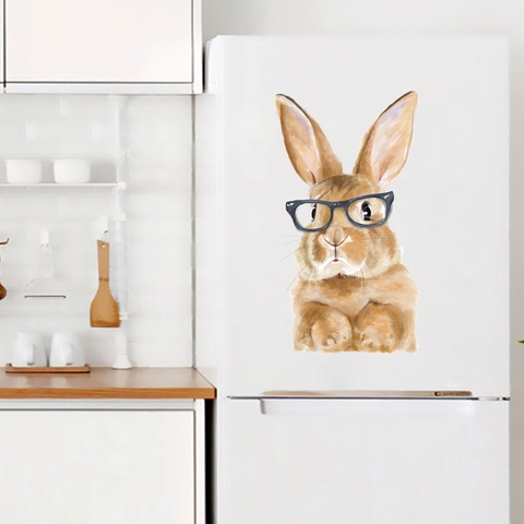 Sticker Mural Lapin de Dessin Animé à l'Aquarelle avec Lunettes Décalcomanie Animale en PVC Amovible pour Décoration Maison