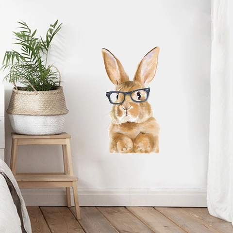 Sticker Mural Lapin de Dessin Animé à l'Aquarelle avec Lunettes Décalcomanie Animale en PVC Amovible pour Décoration Maison