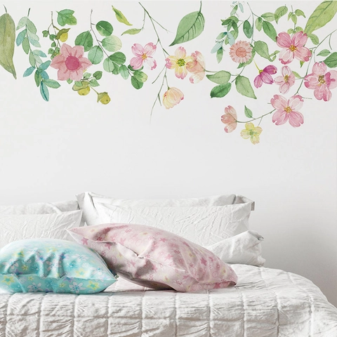 Adesivo da Parete Floreale Acquerello Murale in PVC Rimovibile Fiore Rosa Foglia Verde per Soggiorno Camera da Letto Decorazione
