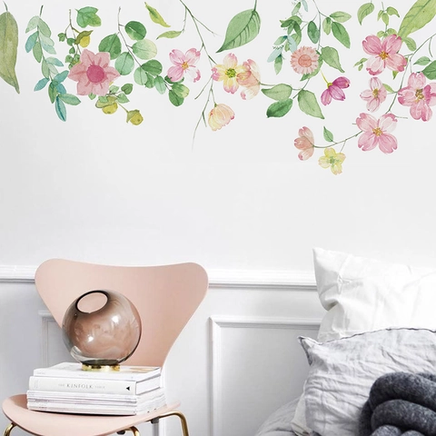 Adesivo da Parete Floreale Acquerello Murale in PVC Rimovibile Fiore Rosa Foglia Verde per Soggiorno Camera da Letto Decorazione