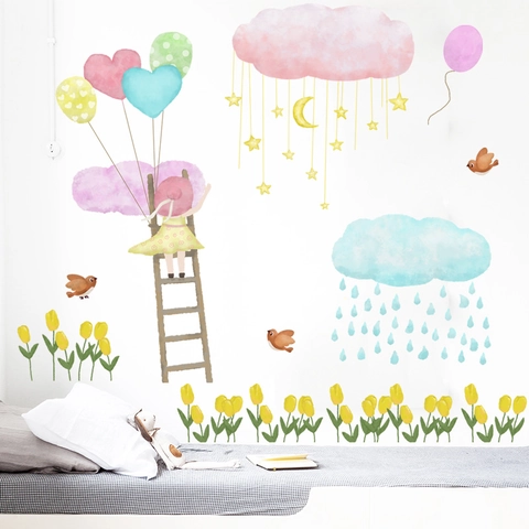 Handgezeichnetes Mädchen Mit Herzballons Wolken Mond Sterne Wandaufkleber Aquarell PVC Heimdekor Für Kinderzimmer