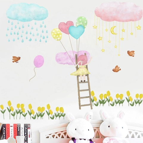 Handgezeichnetes Mädchen Mit Herzballons Wolken Mond Sterne Wandaufkleber Aquarell PVC Heimdekor Für Kinderzimmer